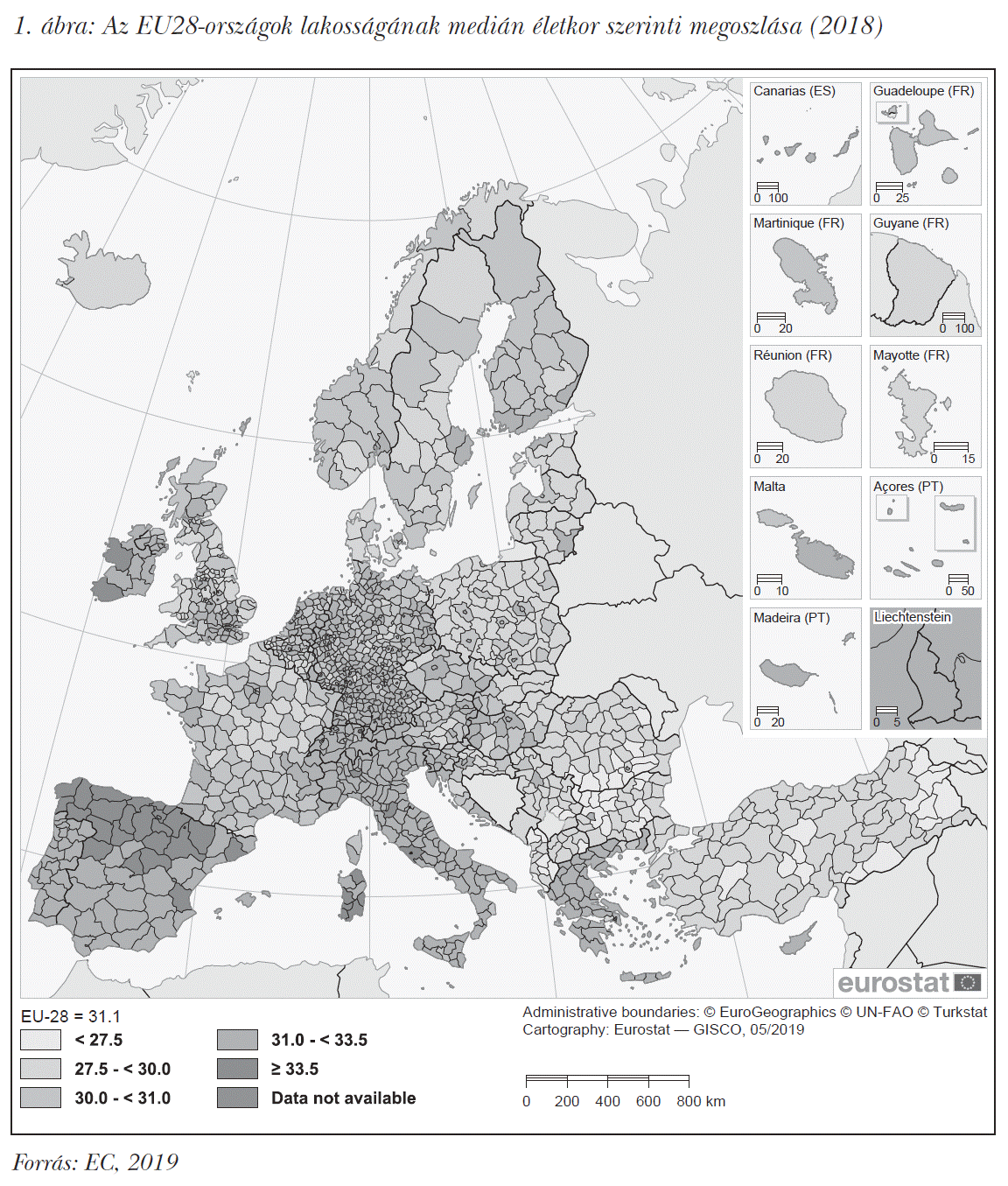 Az EU28-országok lakosságának medián életkor szerinti megoszlása (2018)